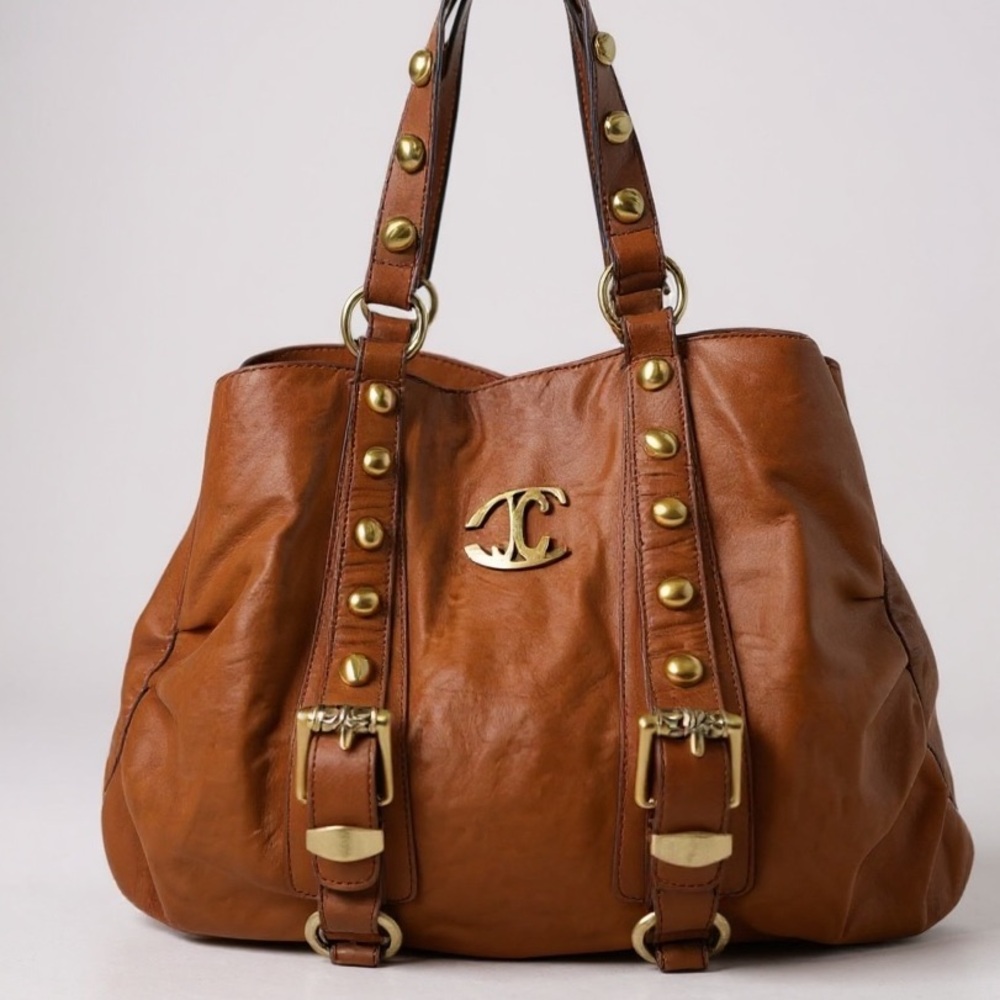 Just Roberto Cavalli Vintage Leather Big Logo Studs Shoulder Tote Satchel Bag L